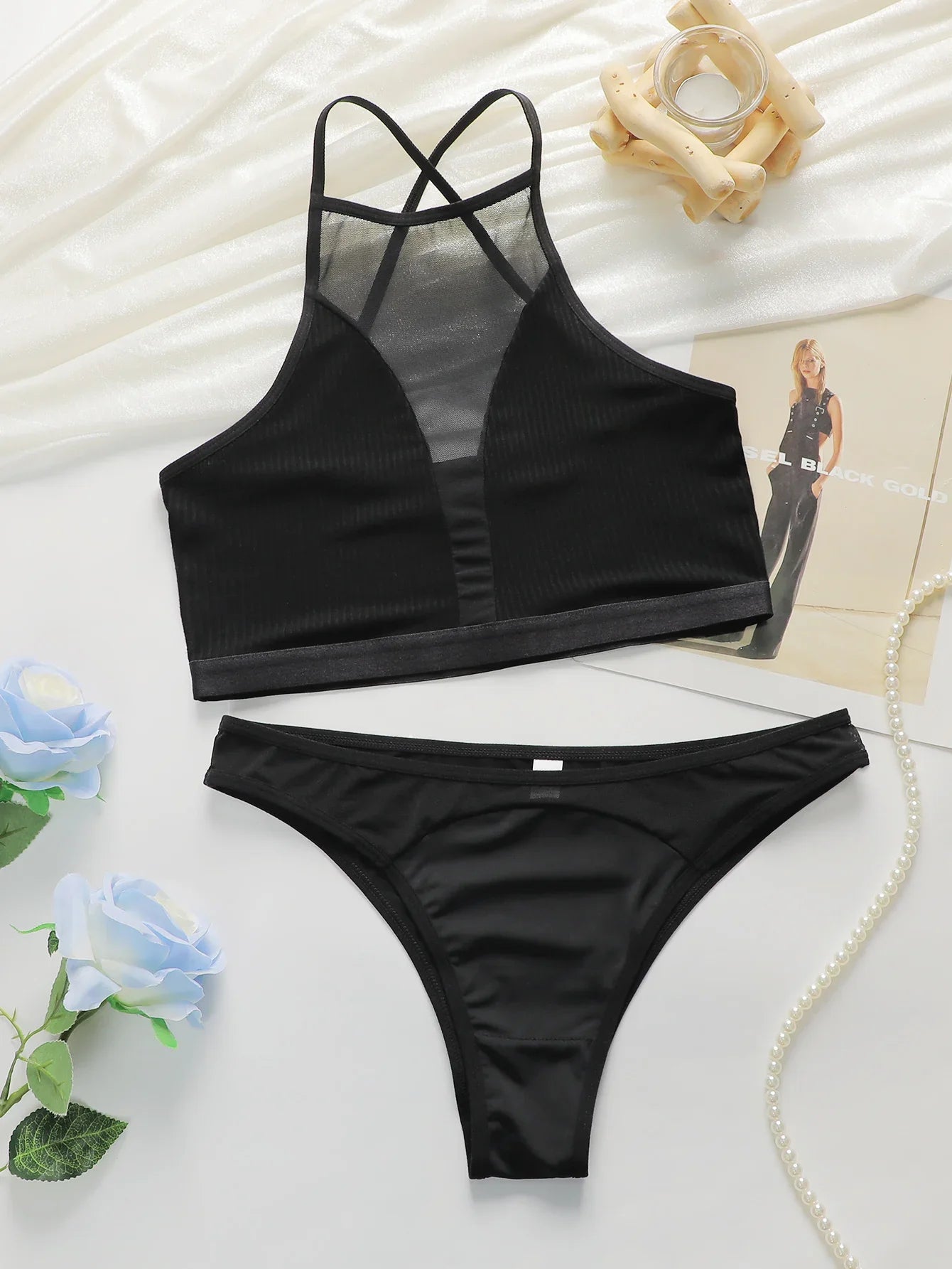 New Hot Selling Sexy Deep V Beauty Back Perspective Mesh Hollow Tank Top Bra Set Traceless Underwear and Underwear Set C2703