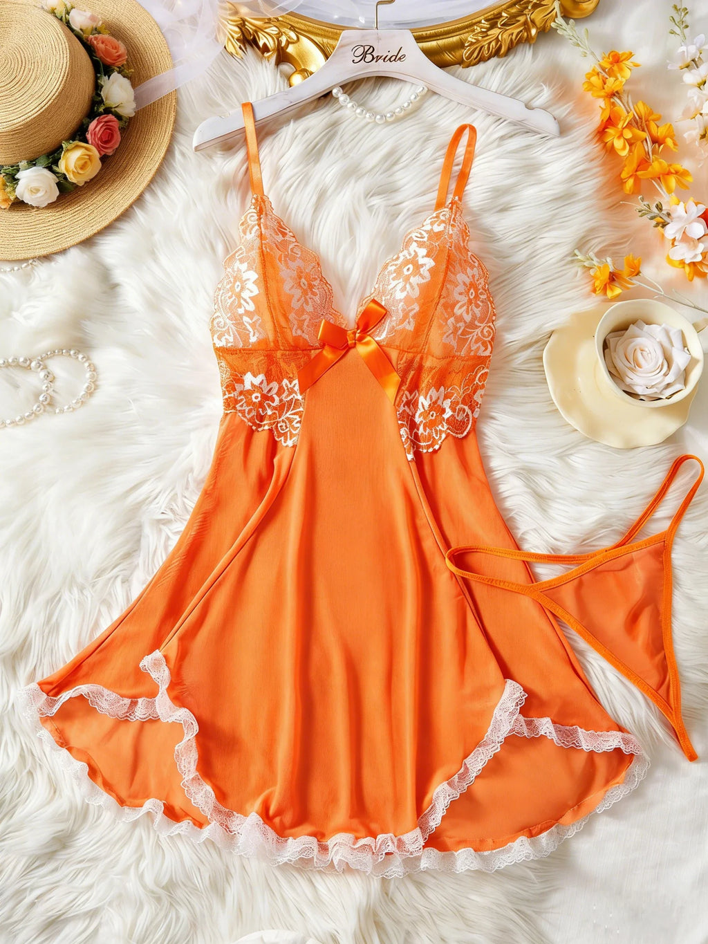 Summer Orange Lace Mesh Contrasting Dress Underwear With Thongs Night Costumes
