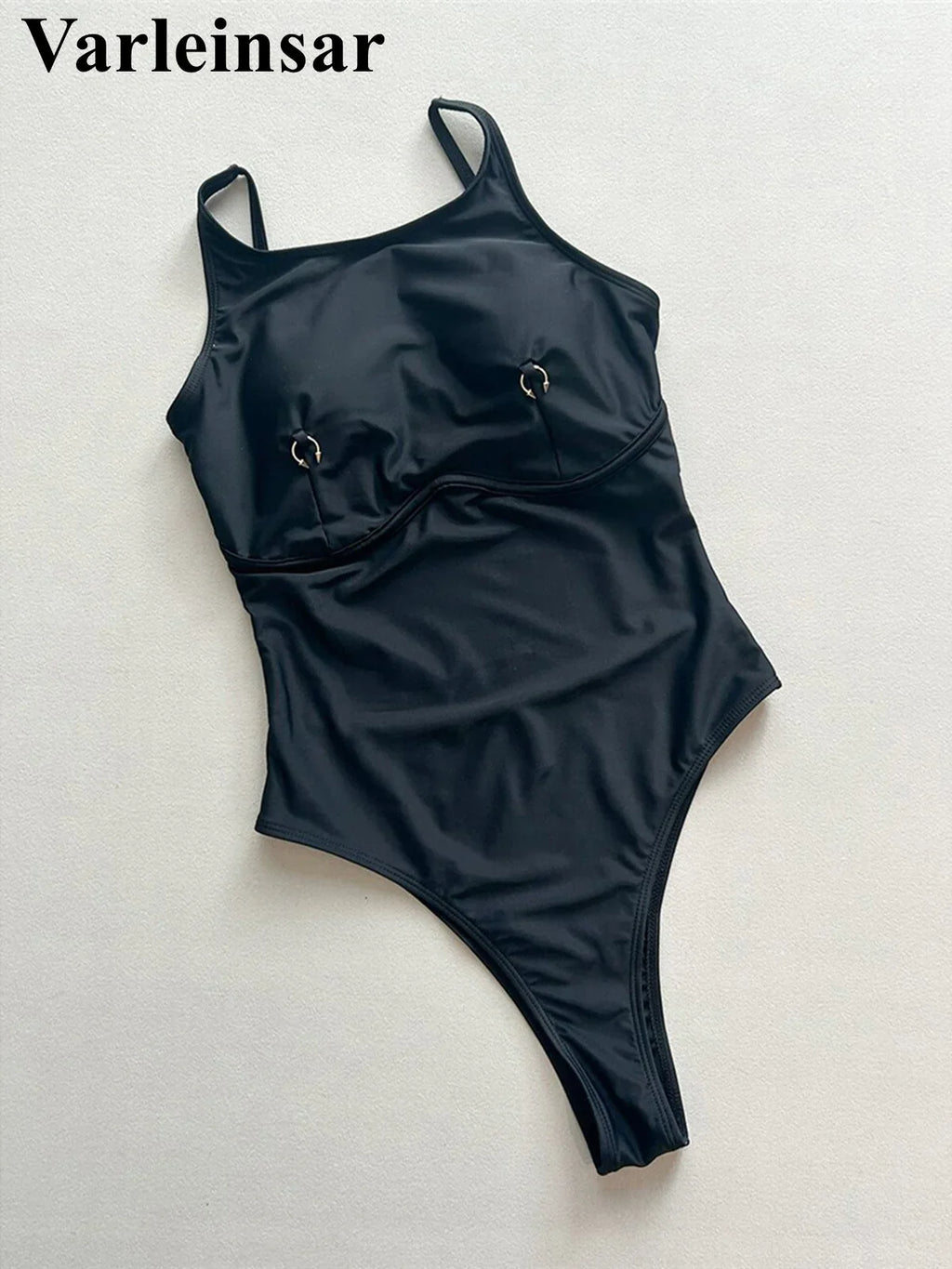 Metal Ring Backless Black Women Swimwear One Piece Swimsuit Female Brazilian High Leg Cut Padded Bather Bathing Suit Swim V7512