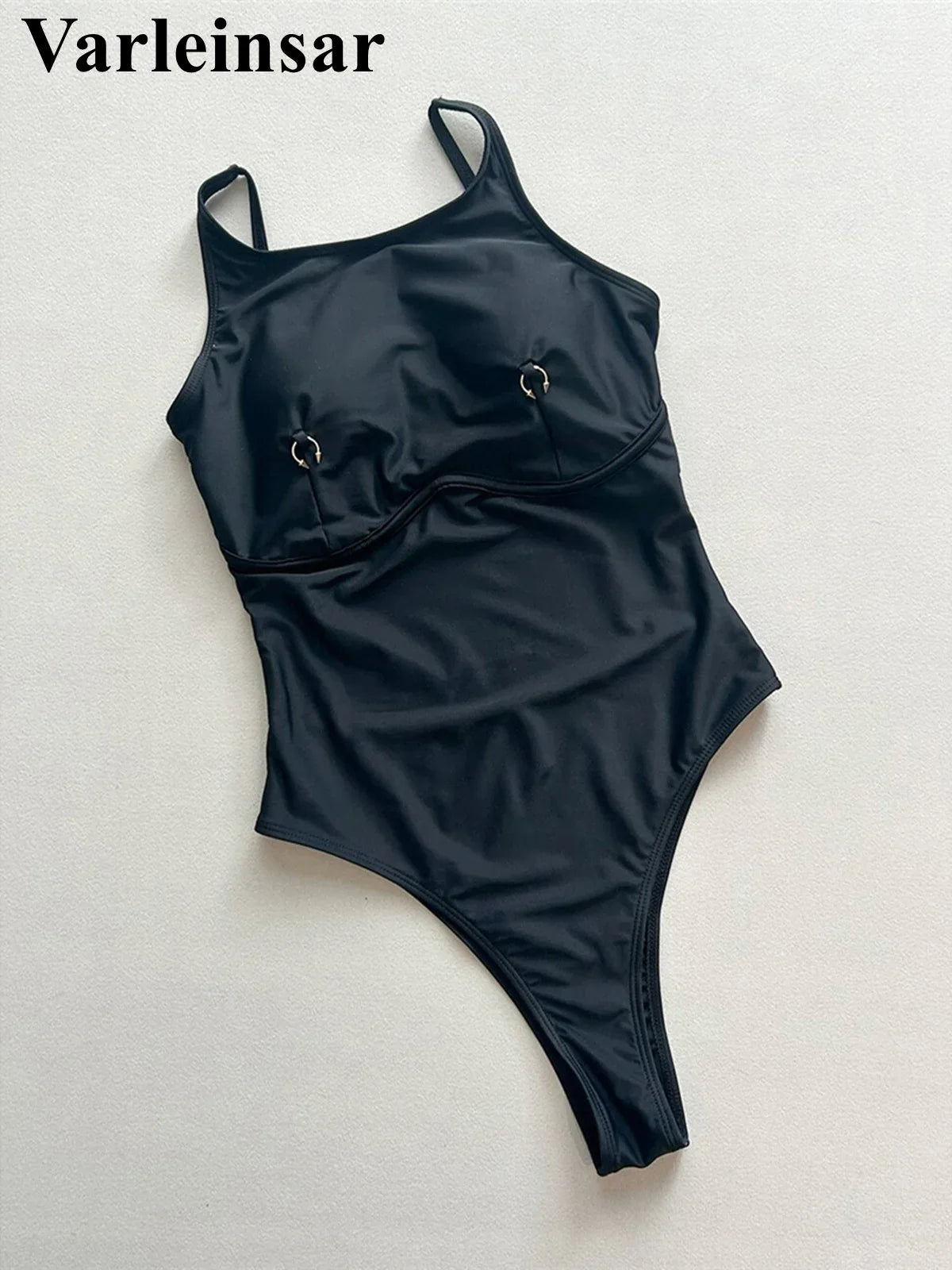 Metal Ring Backless Black Women Swimwear One Piece Swimsuit Female Brazilian High Leg Cut Padded Bather Bathing Suit Swim V7512