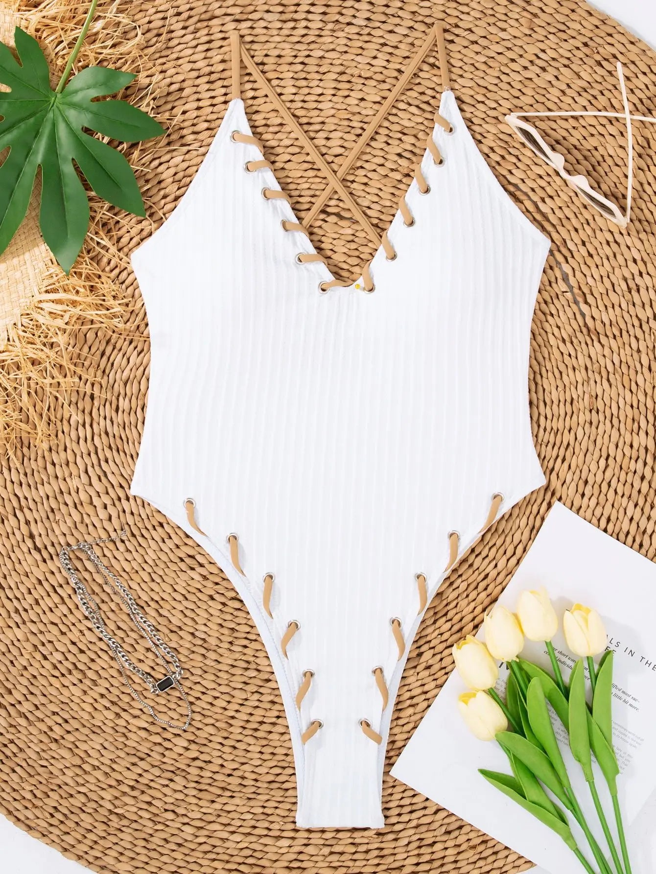 V Neck Wrinkled Ribbed Cross Backless One Piece Swimsuit Women Swimwear Female High Leg Cut Monokini Bather Bathing Suit Swim