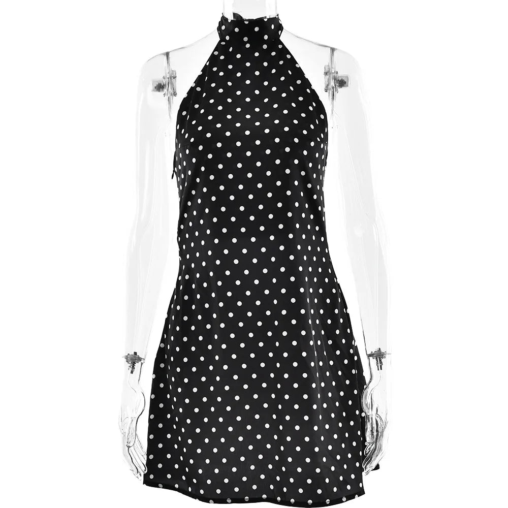 FDYOUI Woman Clothes Halter Sleeveless Polka Dot Satin Short Dress 2026 Summer Sexy Bandage Backless Mini Evening Party Dresses