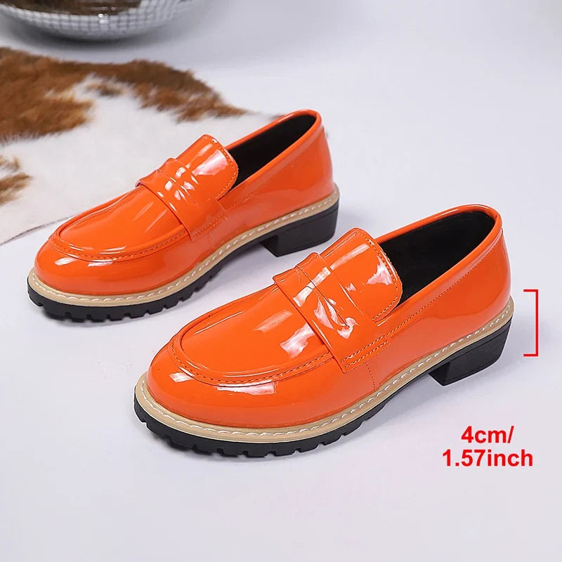 Patent Leather Thick Heels Loafers Women Spring New Mixed Color Med Heel Office Pumps Woman Plus Size 43 Slip On Single Shoes