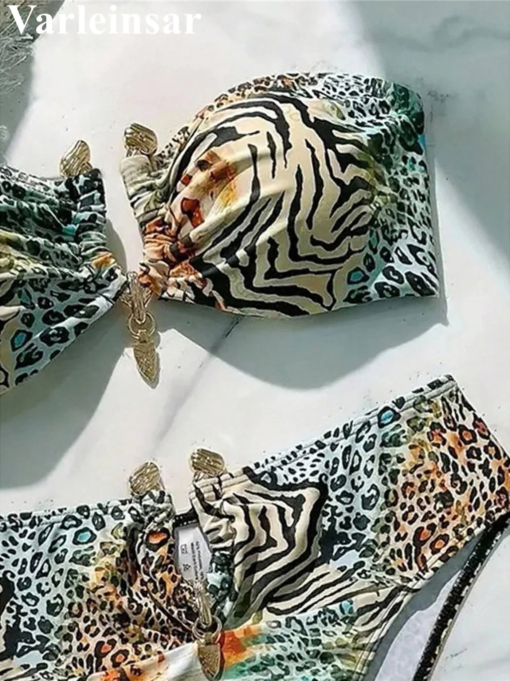 S - XL Sexy Leopard Printed Bandeau Bikini Female Swimsuit Women Swimwear Two-Pieces Bikini Set Bather Bathing Suit Swim V7541