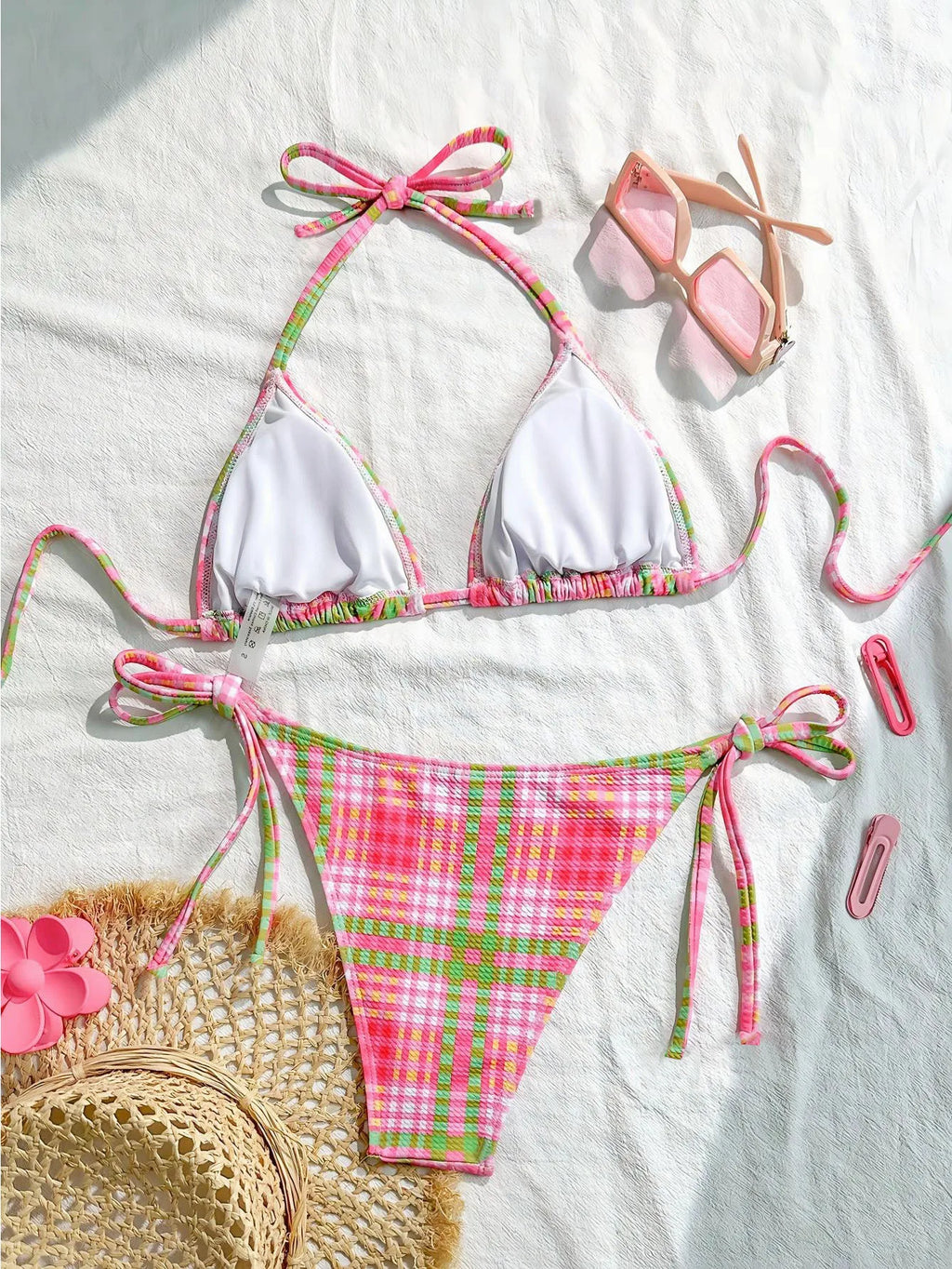 Sexy Pink Striped Micro Bikini 2026 Women Halter Push Up Bra Tie Side Thong Swimwear Bathing Suit Vacation Swimsuit Biquini