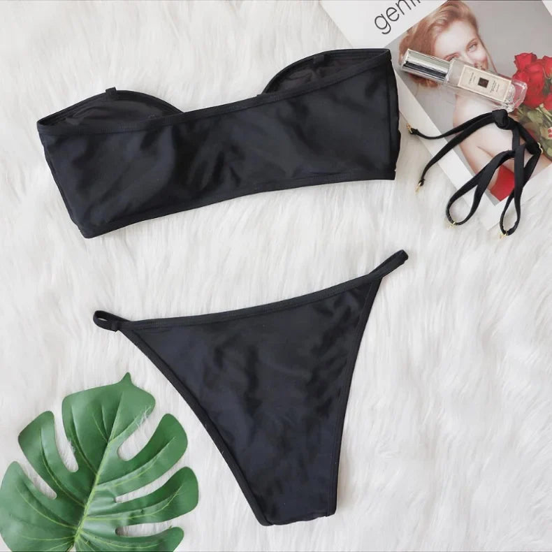 2026 Sexy Bikini Bandeau Women Black Swimwear Swimsuit Metal Decor Bikinis Set Bathing Suit Beach Bikini Female Push Up Biquinis
