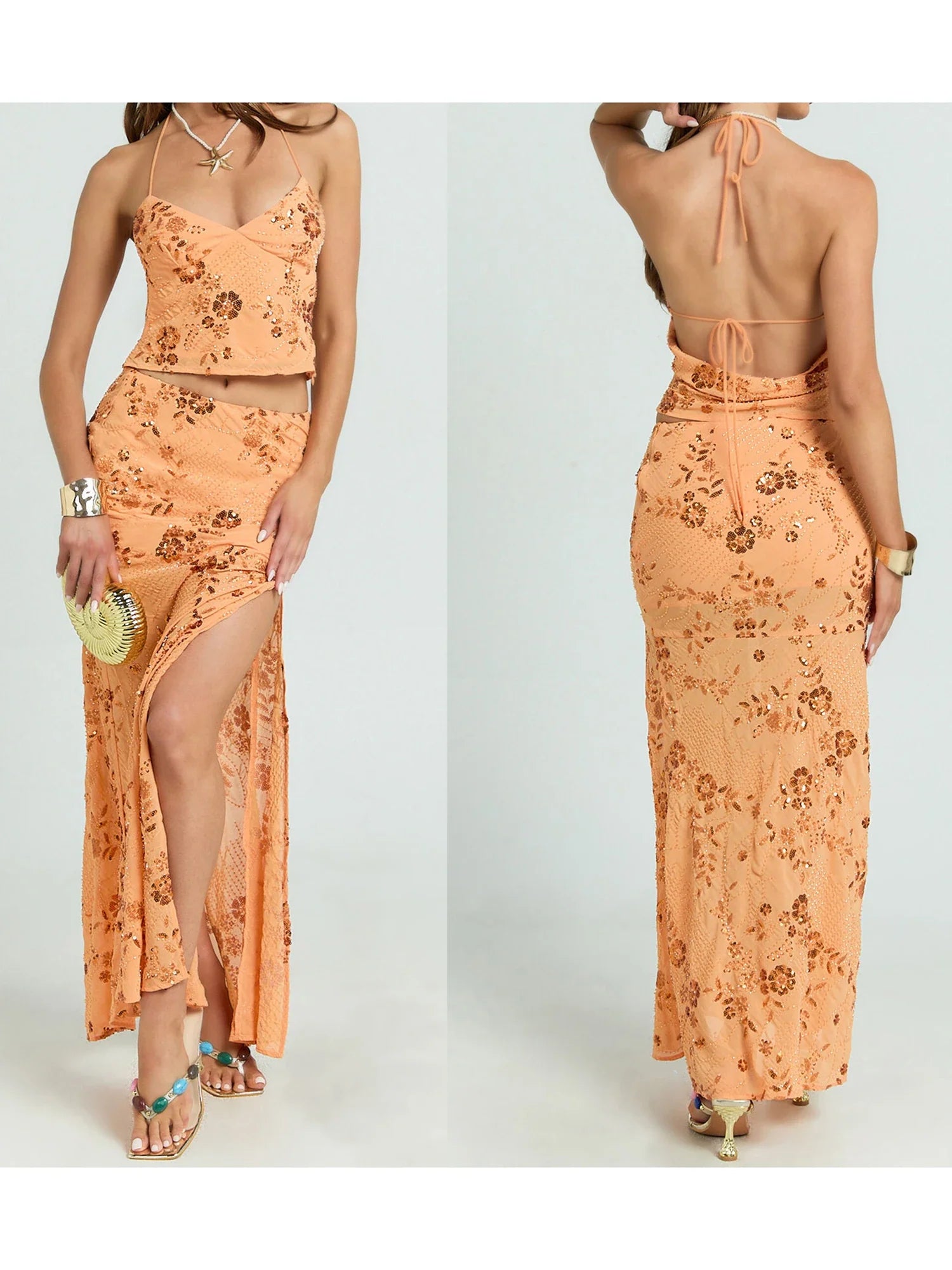 Women Backless Sequined Flower Summer Vest Beaded Halter Top Tie-up Sleeveless Camis Tops for Club Party