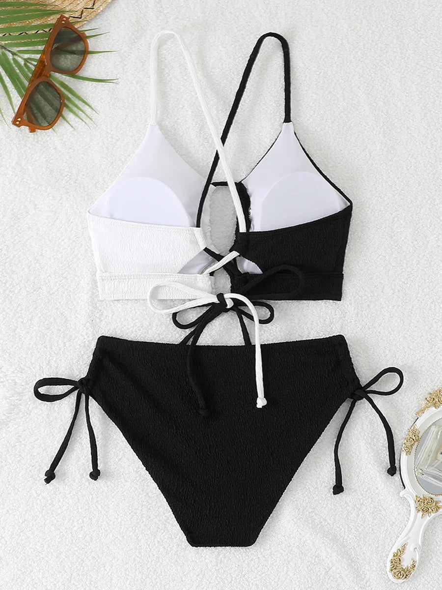 2026 Drawstring Triangle Bikini Women Sexy Color Block Swimwear Female Strappy Swimsuit Bathers Bathing Swimming Swim Suit