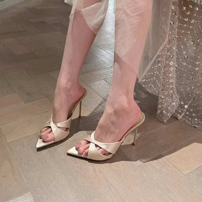Fashion Thin High Heel Summer Women Slippers Fashion Peep Toe Dress Slides Ladies  Party Sandals