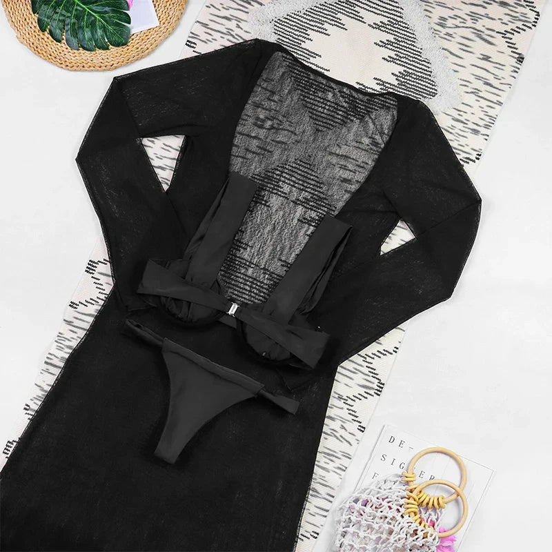 3 Pieces Women's Sexy Bikini Set 2025 New Swimwear Long Dress Cover up Female Beachwear Bathing Suit Summer Swimming Outfit