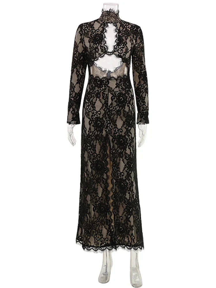Summer Maxi Dress Women Sexy Sheer Lace Hollow Out Long Sleeve Floral Split Slim Bodycon Solid Casual Beach Party Club Vestidos