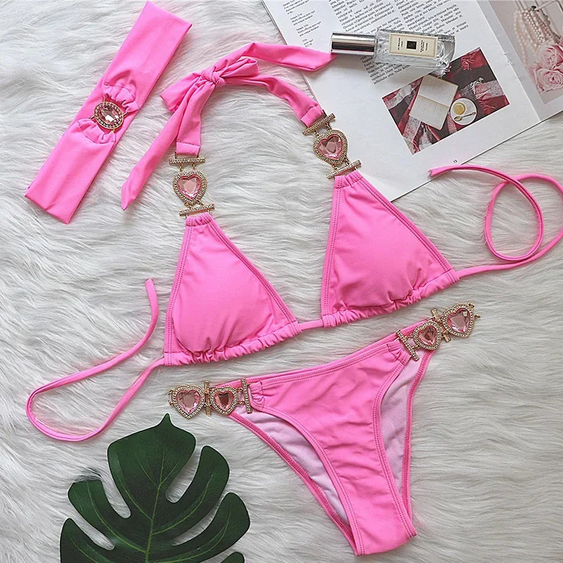 Halter Rhinestones Diamond Bikini Women Swimsuit Female Swimwear Three pieces Bikini Set Brazilian Hairband Bathing Suit Swim