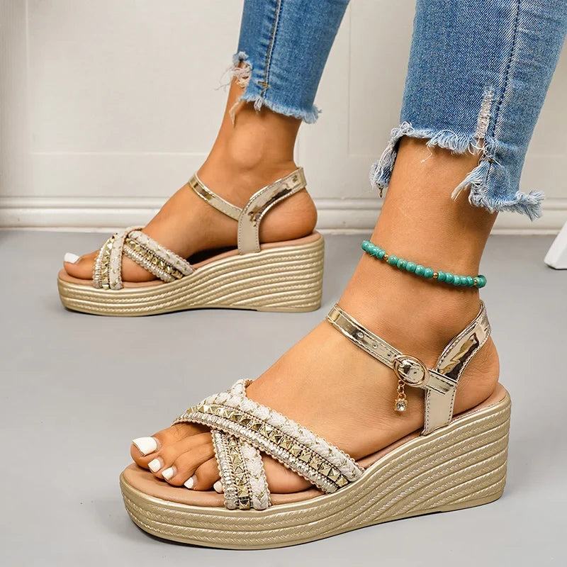 Plus Size 43 Wedges Gold Sandals for Women Summer Lightweight Chunky Heel Sandals Woman Comfort Ankle Buckle Platform Sandles