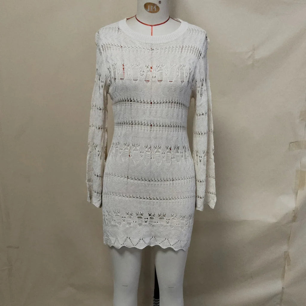 S - XL Long Sleeve Hollow Out Crochet Knitted Tunic Beach Cover Up Cover-ups Beach Dress Beach Wear Beachwear Female Women K5542