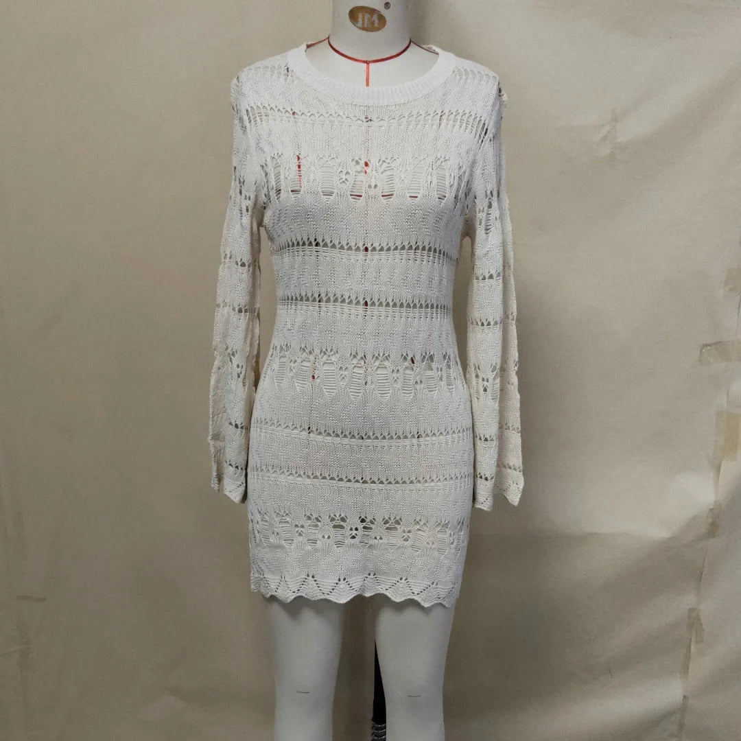 S - XL Long Sleeve Hollow Out Crochet Knitted Tunic Beach Cover Up Cover-ups Beach Dress Beach Wear Beachwear Female Women K5542