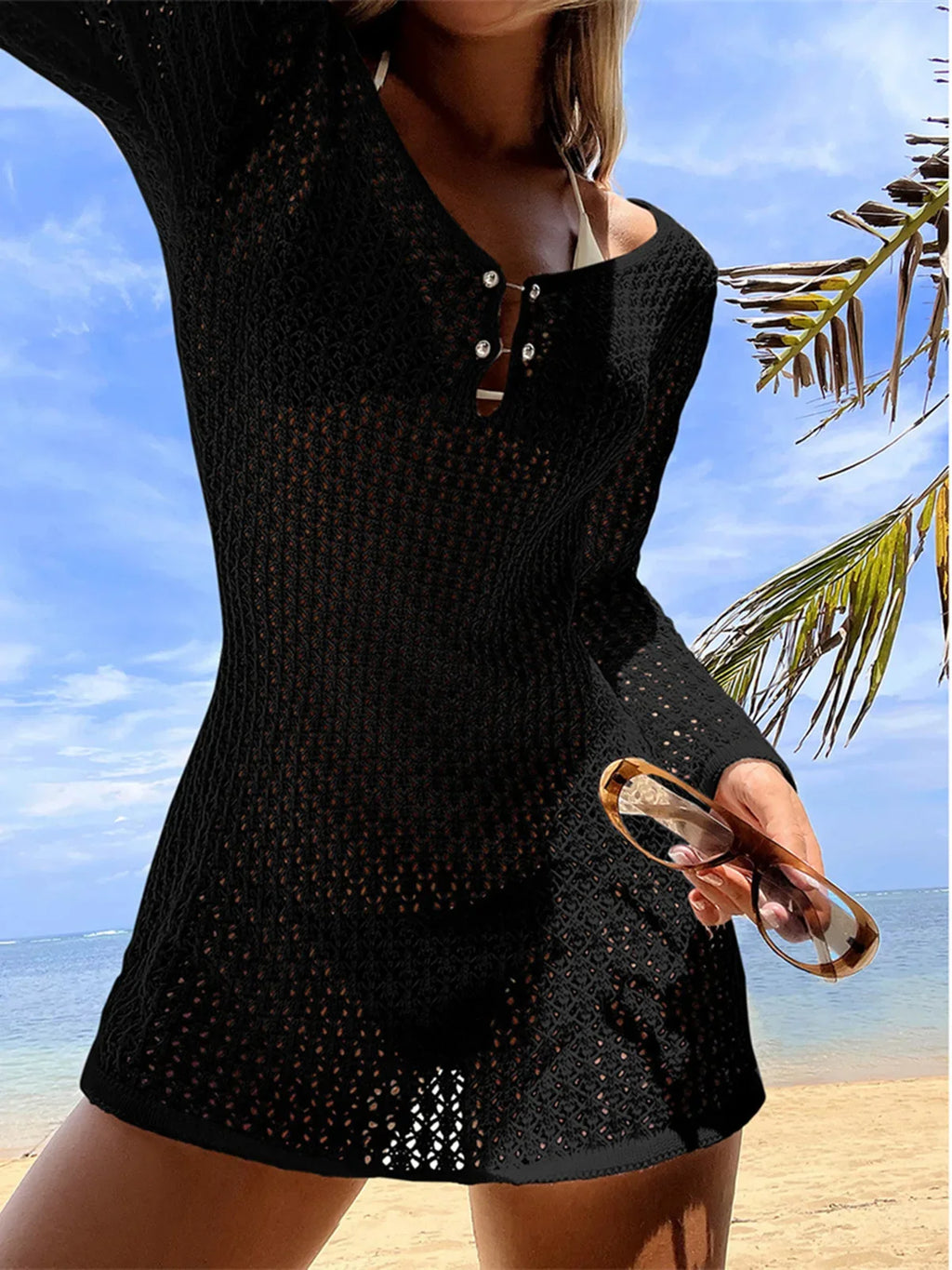 V Neck Long Sleeve Hollow Out Crochet Knitted Tunic Beach Cover Up Cover-ups Beach Dress Beach Wear Beachwear Female Women V7643