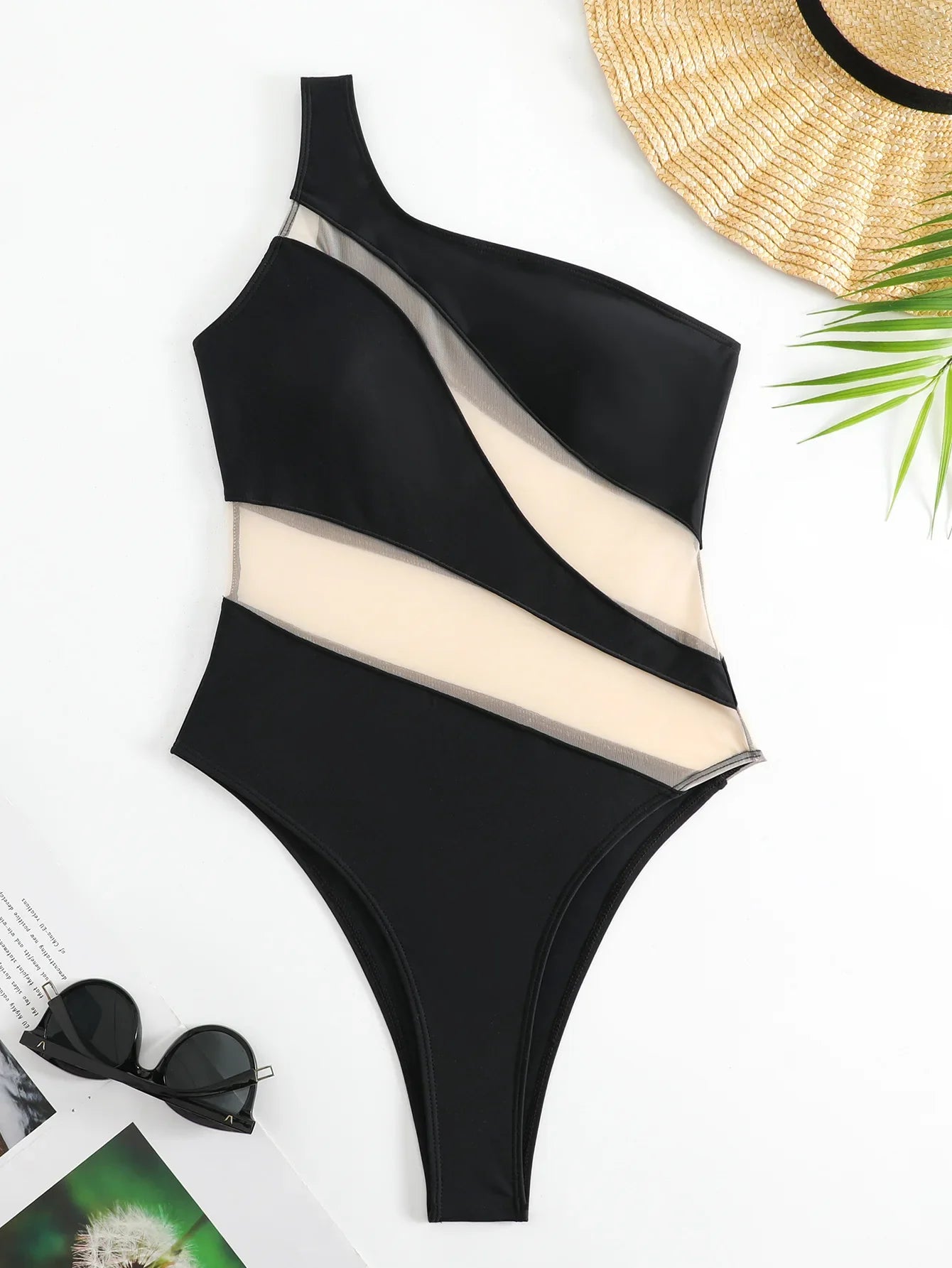 Splicing Mesh See Through One Shoulder Female Swimwear One Piece Swimsuit Women High Cut Monokini Mesh Bathing Suit Swim Lady