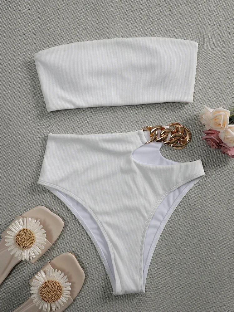Metal Chain Ribbed Female Bandeau Swimsuit High Waist Bikini Women Swimwear Two-pieces Bikini set Asymmetric Bathing Suit Swim