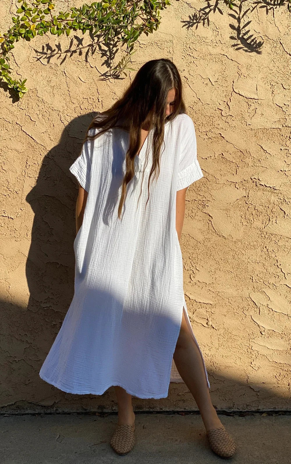 Beach Cover-ups for Women 2026 Solid Color Sexy V-neck Short Sleeve Loose Long Robe Dress Sun Protection Beachwear PZMZ09