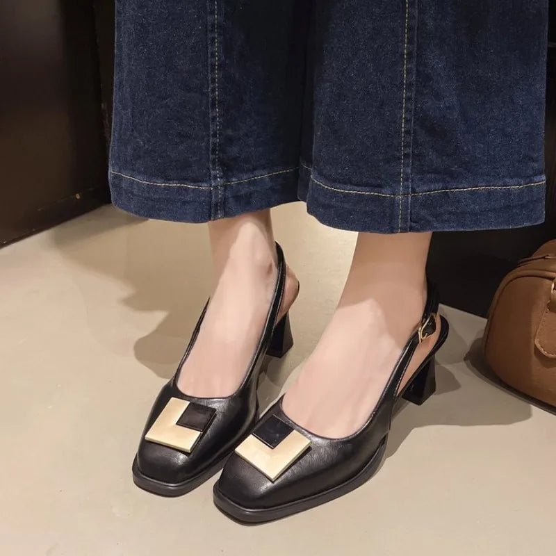 2026 Summer New Metal Square Buckle Baotou Thick Heel Sandals Women Korean Shallow Mouth Slip-On Back Strap Sandalias De Mujer