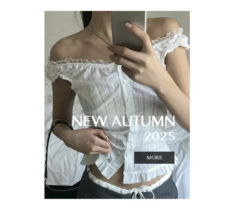 Phantasy Y2K Women Tops White Lace T-Shirt Button Tees Vintage French Style Tops 2025 Spring Summer Tops Female Streetwear