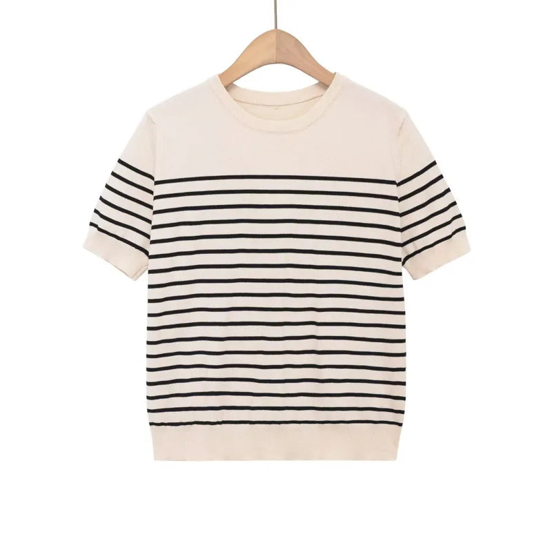 Fashion Striped Knit Sweater Black Striped Knit T Shirt Casual Short Sleeve Crew Neck Slim Fit Top For Women Summer Daily 0HAD