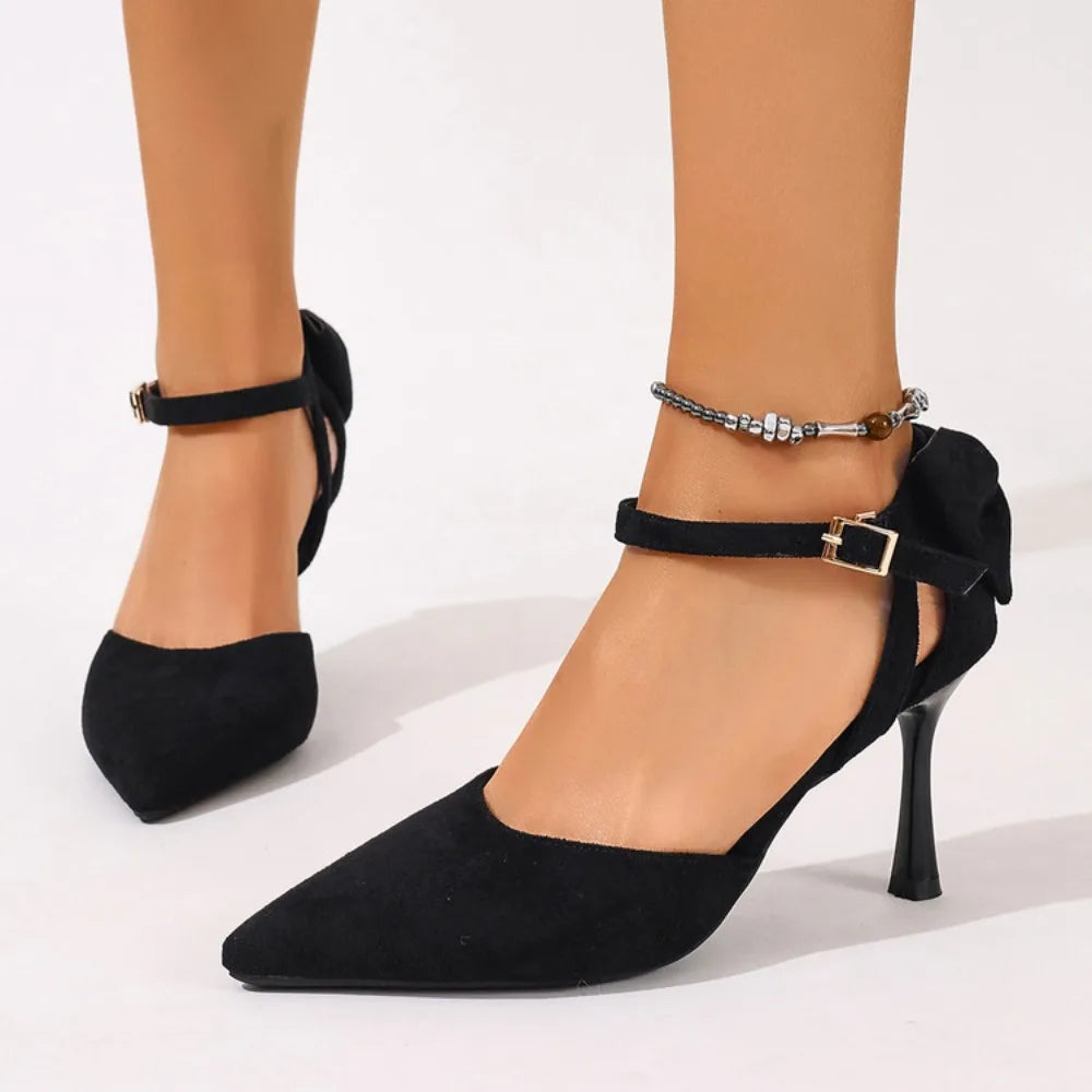 Flock Suede Female Sandals for Women Pointed Toe Stiletto Heel Buckle Strap Butterfly Knot OL Single Shoes Big Size 34-45 Sexy