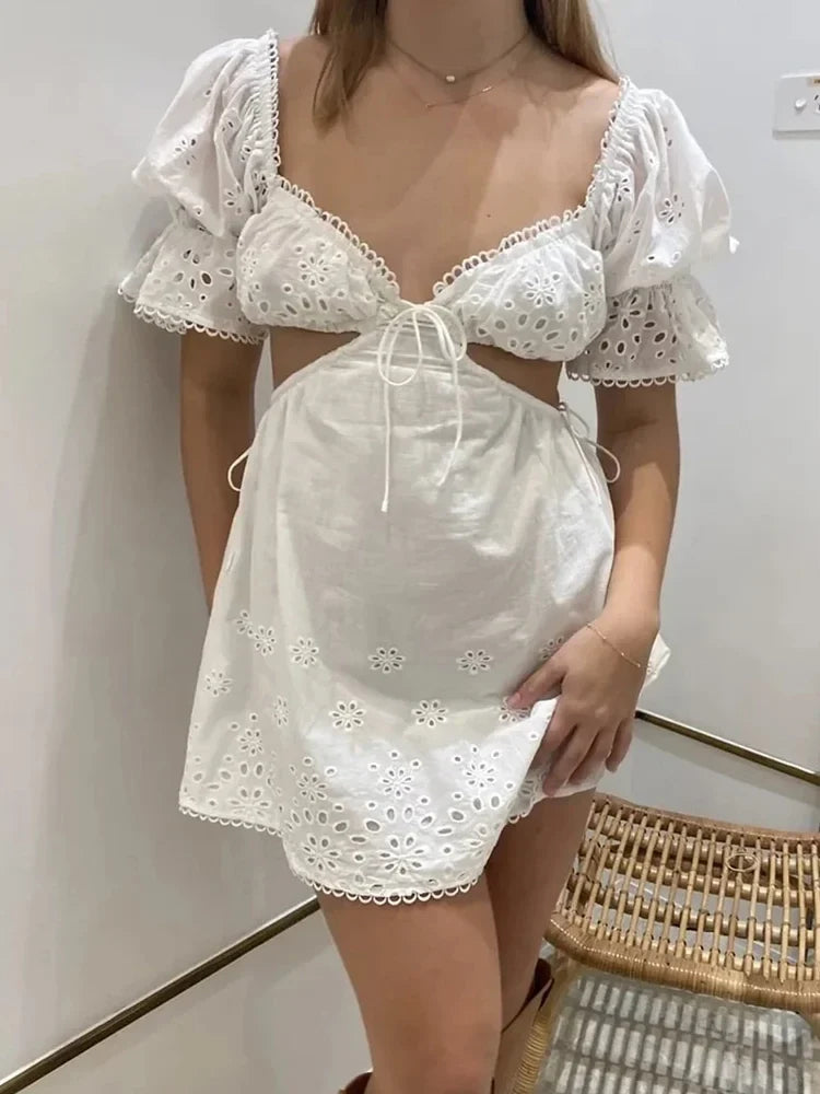 Foridol Lace Summer White Dress Women Puff Sleeve Embriodery Waist Cut Out Beach Short Sexy Cotton Dress Backless 2025 Sundress