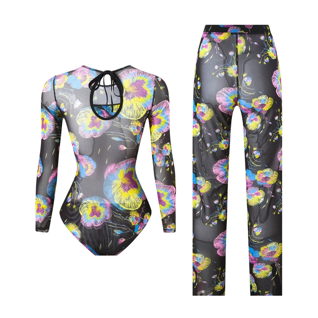 S - XXL New Printed Long Sleeve With Pants Women Swimwear One Piece Swimsuit Female Floral Padded Bather Bathing Suit Swim V7176