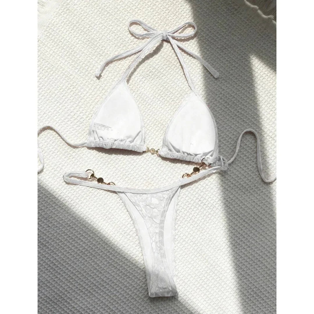 S - XL Leopard Pearl Mini Micro Thong Bikini Female Swimsuit Women Swimwear Two-Piece Bikini Set Bather Bathing Suit Swim V5207B