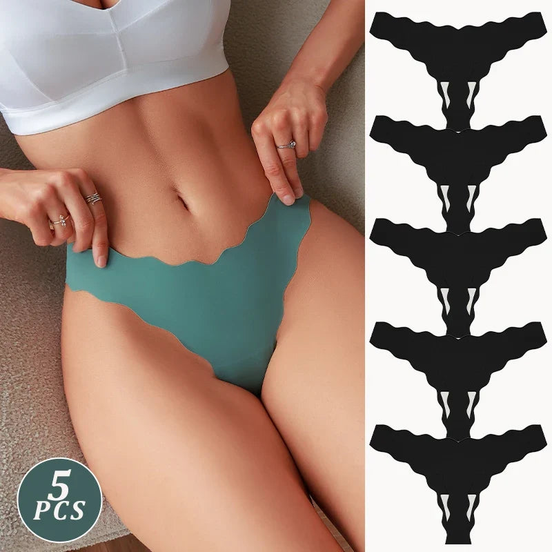 5Pcs Seamless Full-Body Fan-Shaped Wave Decorative Briefs Sexy Thongs Comfortable Breathable Stretch Underwear Women's Lingerie