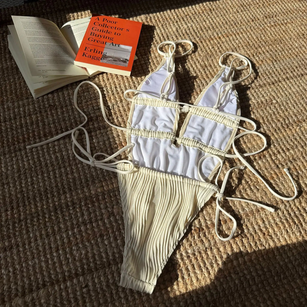 2026 New Deep V One Piece Black Swimsuit Halter Solid Color Women's Backless Bathing Suit Bandage White Swimwear For Female