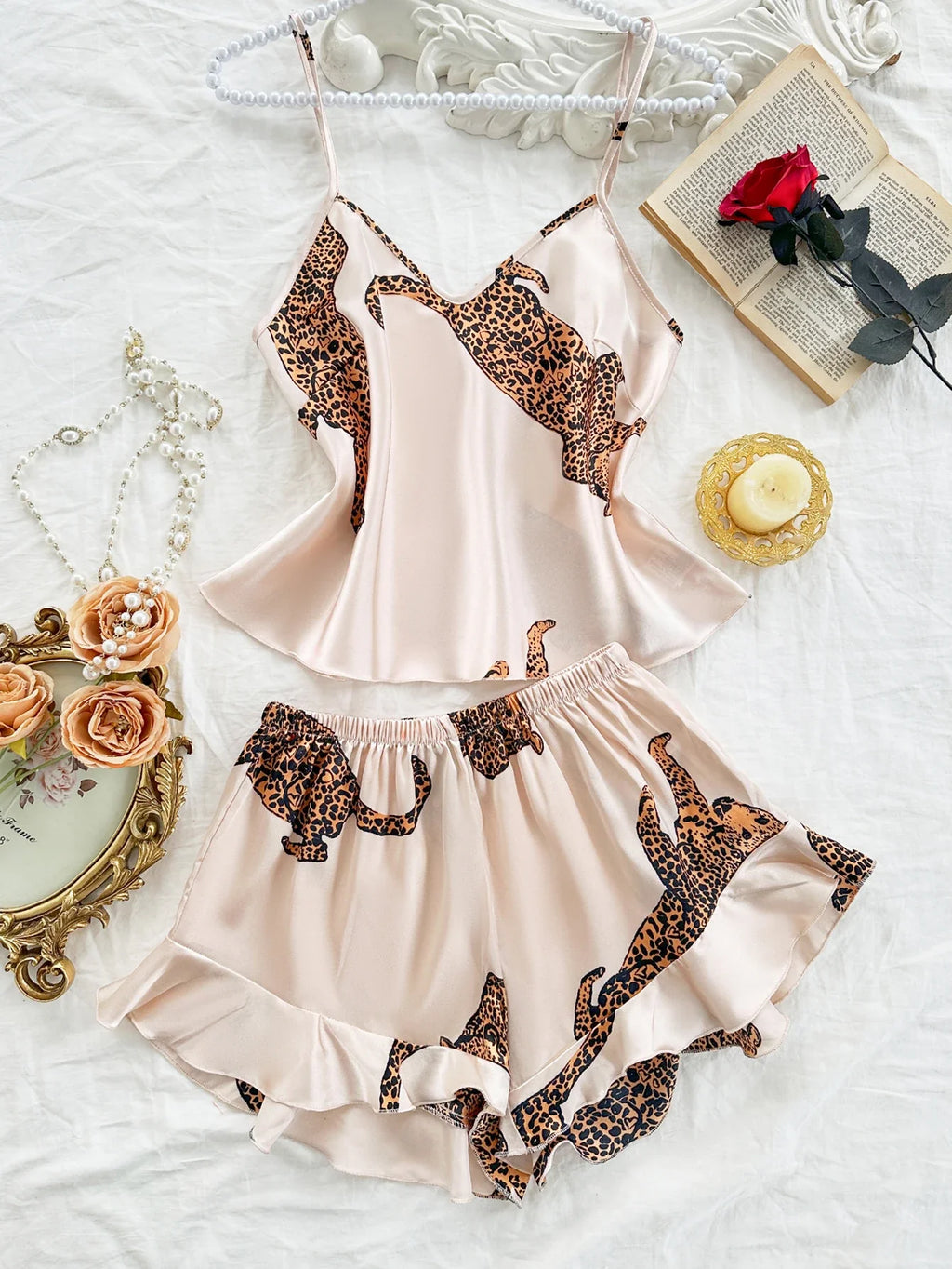 Summer 2-pieces Pink Leopard Printed Pajamas Set for Women Sexy Ice Silk Stain Sleepwear Casual Crop Tops and Shorts Lounge