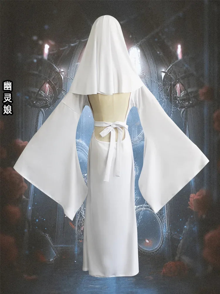 Sexy Ghost Costume for Women, White Gothic Dress, Ghost Cosplay Outfit, Halloween Party Dress, Elegant Scary Boo Lady Costume