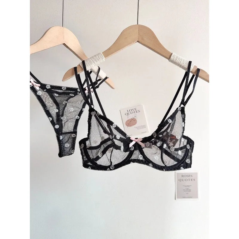 French Style Lace Underwear Set | Sexy Dotted Mesh Bra & Thong for Large Bust, Ultra Thin Slimming Anti Sag Lingerie MOYISU S-XL
