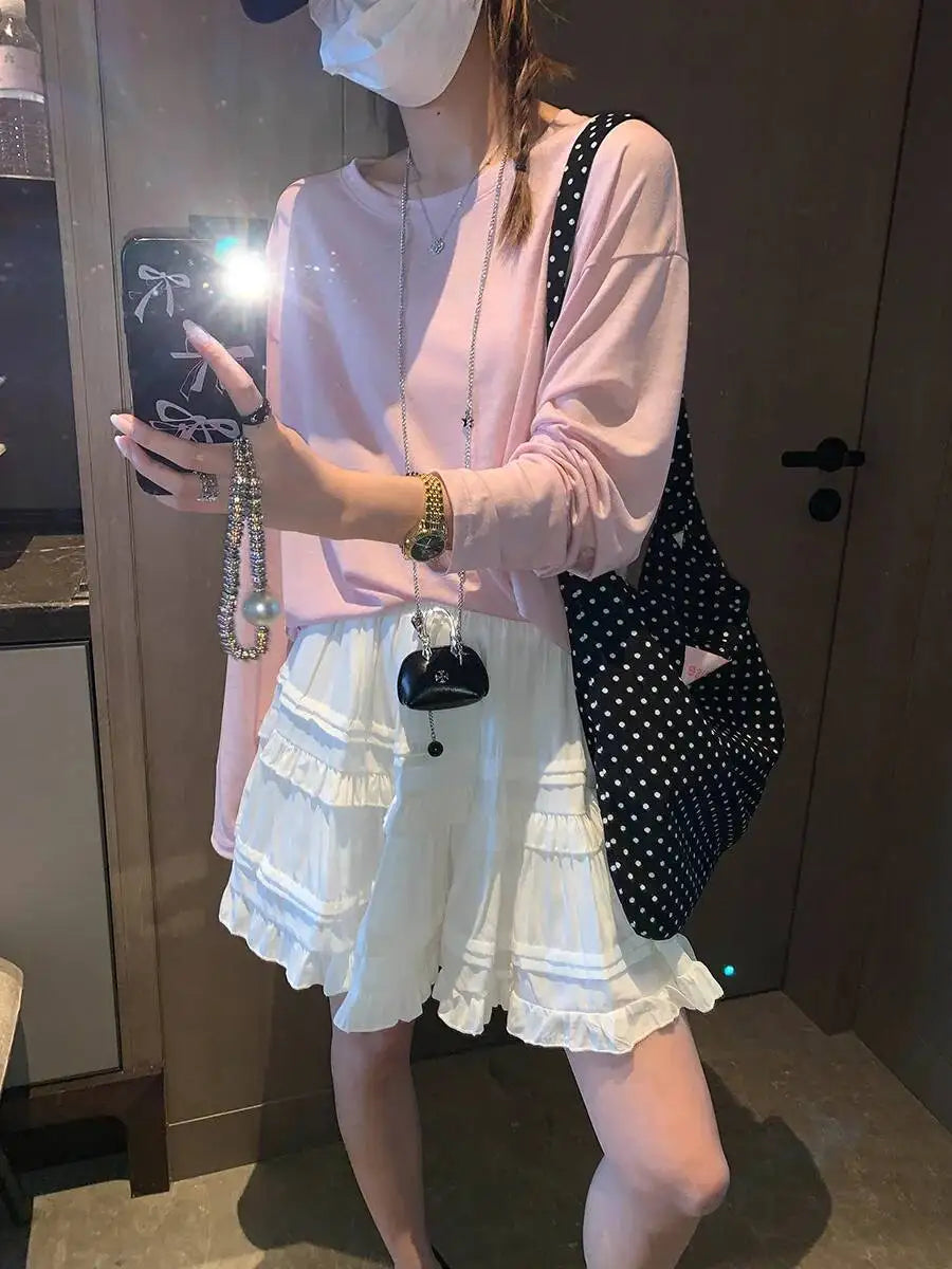 Sweet Korean Style Lace Loose Short Skirt White Tiered Ruffled Mini Skirt Elastic Waist Cute Casual Summer Skirt For Women EHAB