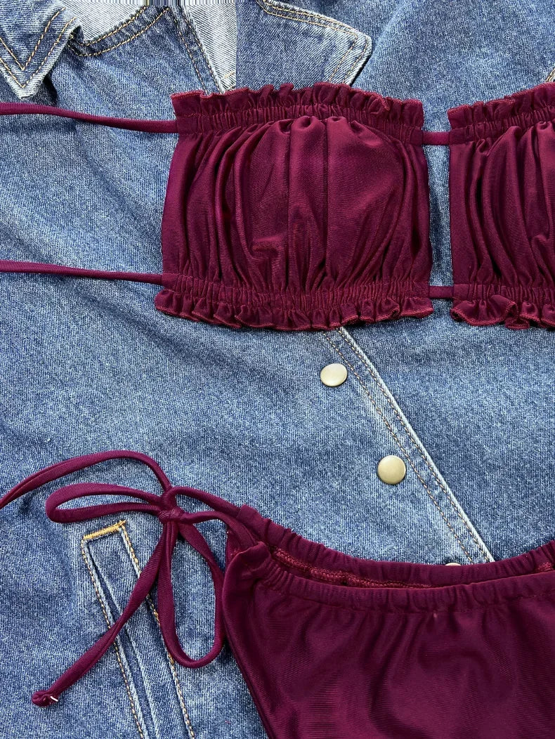 3 Colors Sexy Bikini Bandeau Women Swimwear Swimsuit Pleated Lettuce Trim Hollow Knotted Bikinis Set Bathing Suit Beach Bikini