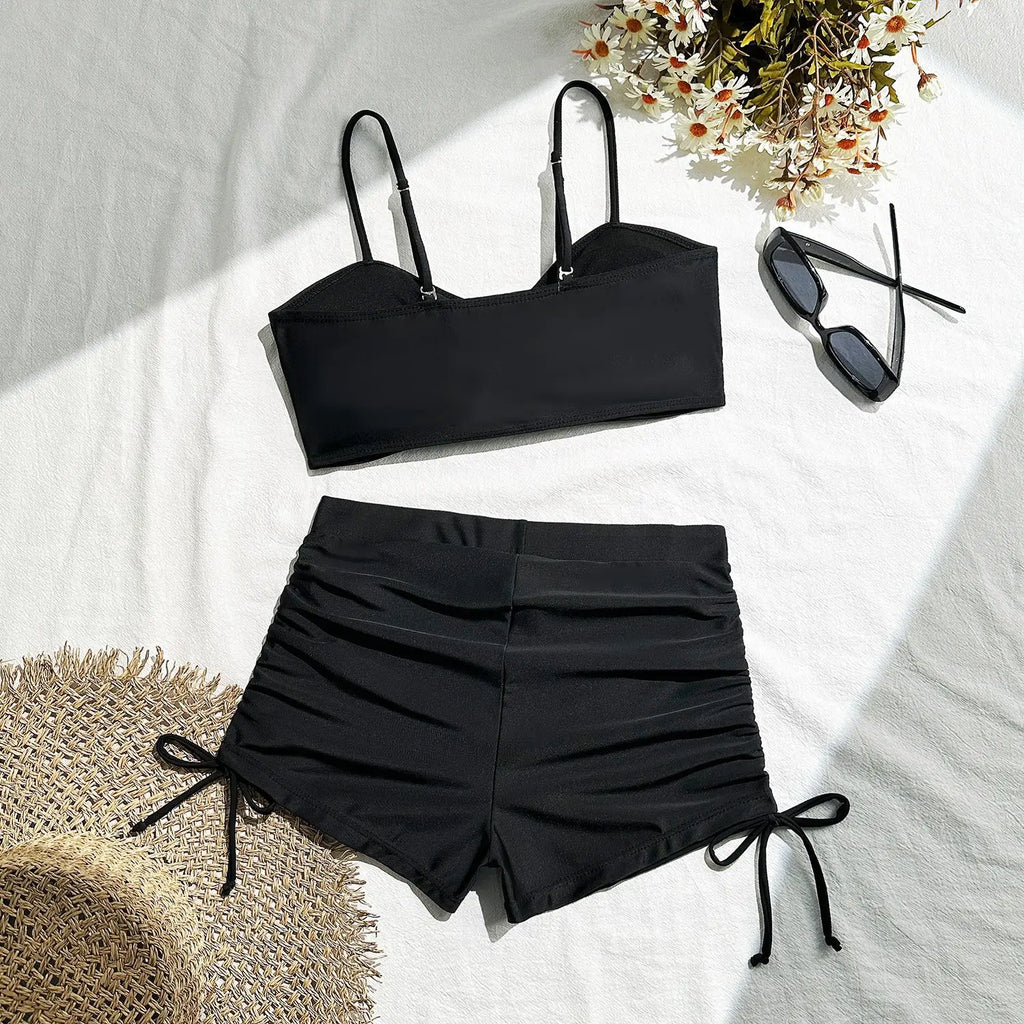 Wrinkled Knotted Shorts High Waist Bikini Female Swimsuit Women Swimwear Two-pieces Bikini Set Tankini Bathing Suit Swim Beach