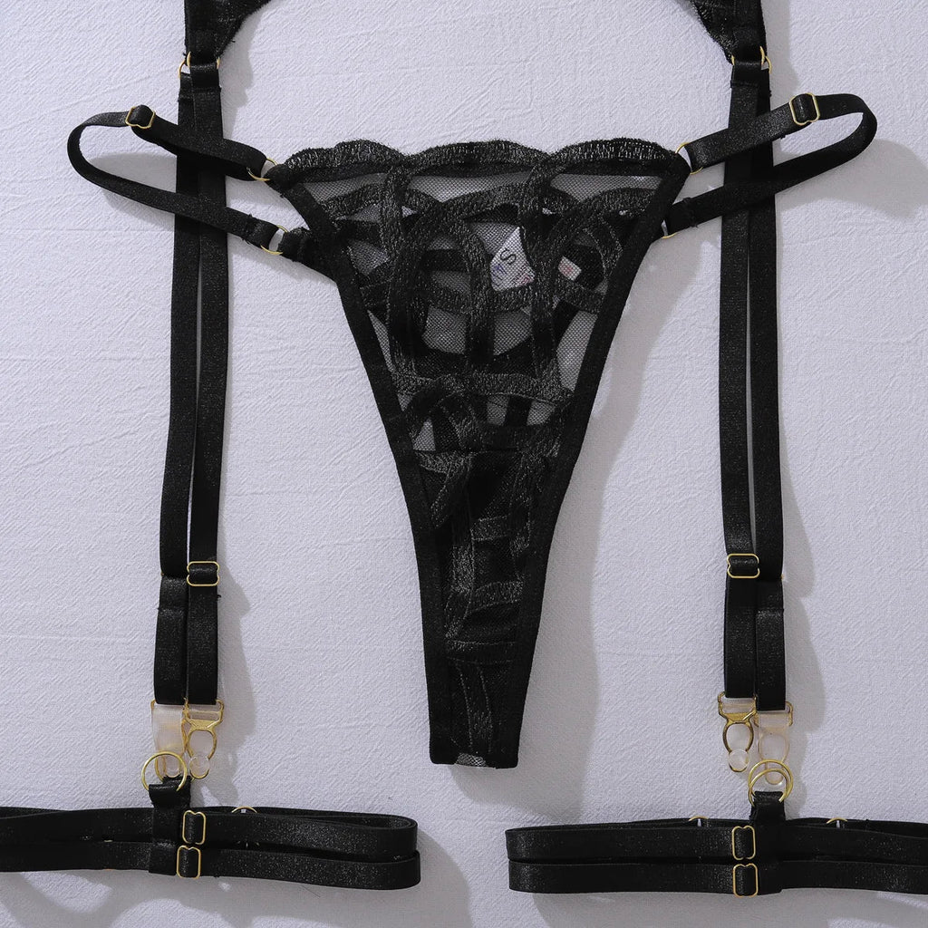 Toucheart Sexy Mesh Solid Color Lace See-through Interesting Hollow Out Underwear Garters Backless Steel Ring Patchwork Sexy Set