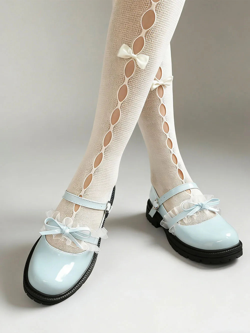 2026 Plus size 47 Sweet Blue Lace Ruffles Mary Janes Shoes Women Gothic Black Bow Knot Cute Lolita Cosplay Flats Casual Shoes