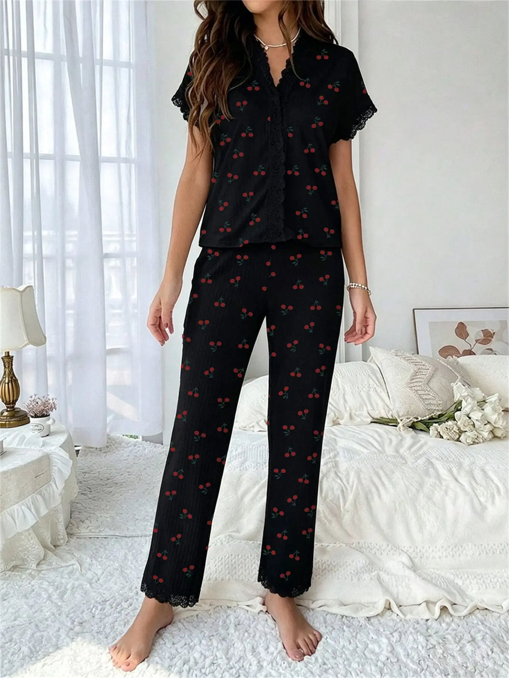 Women Sleepwear Black Lace Trim Cherry Print 2 Piece Pajamas Set Short Sleeve Top & Full-Length Pants Homewear