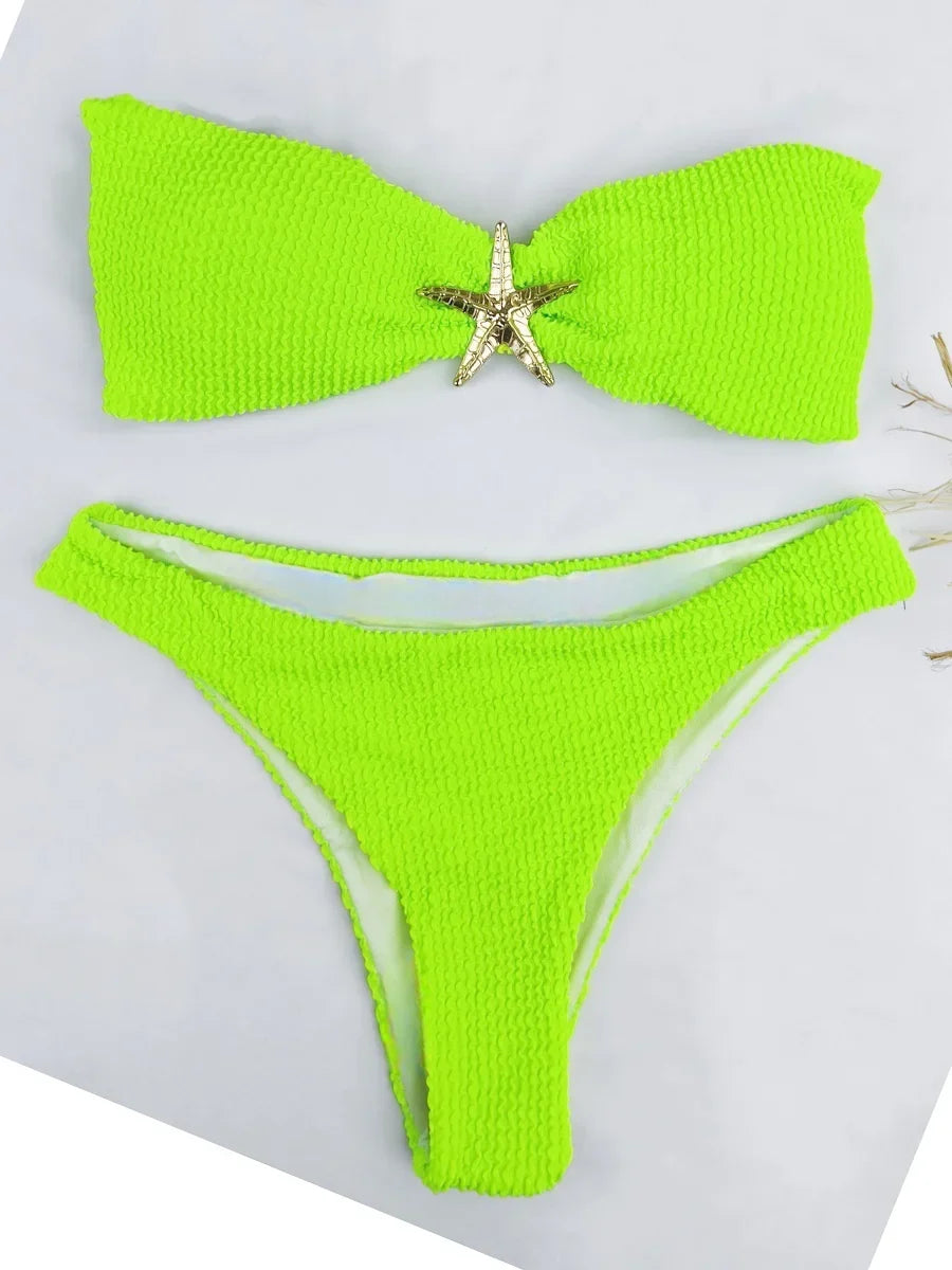 2026 Bandeau Bikinis Starfish Swimsuit Women Sexy Padded Swimwear Female Solid Beachwear Bathers Bathing Swimming Swim Suit