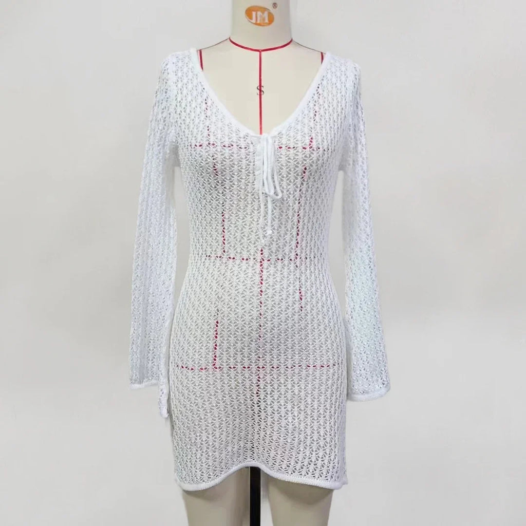 V Neck Long Sleeve Hollow Out Crochet Knitted Tunic Beach Cover Up Cover-ups Beach Dress Beach Wear Beachwear Female Women V6081