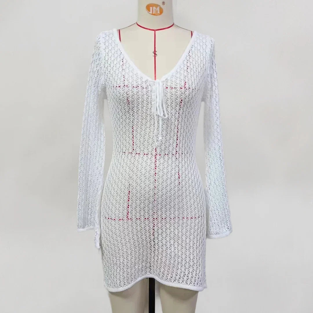 V Neck Long Sleeve Hollow Out Crochet Knitted Tunic Beach Cover Up Cover-ups Beach Dress Beach Wear Beachwear Female Women V6081