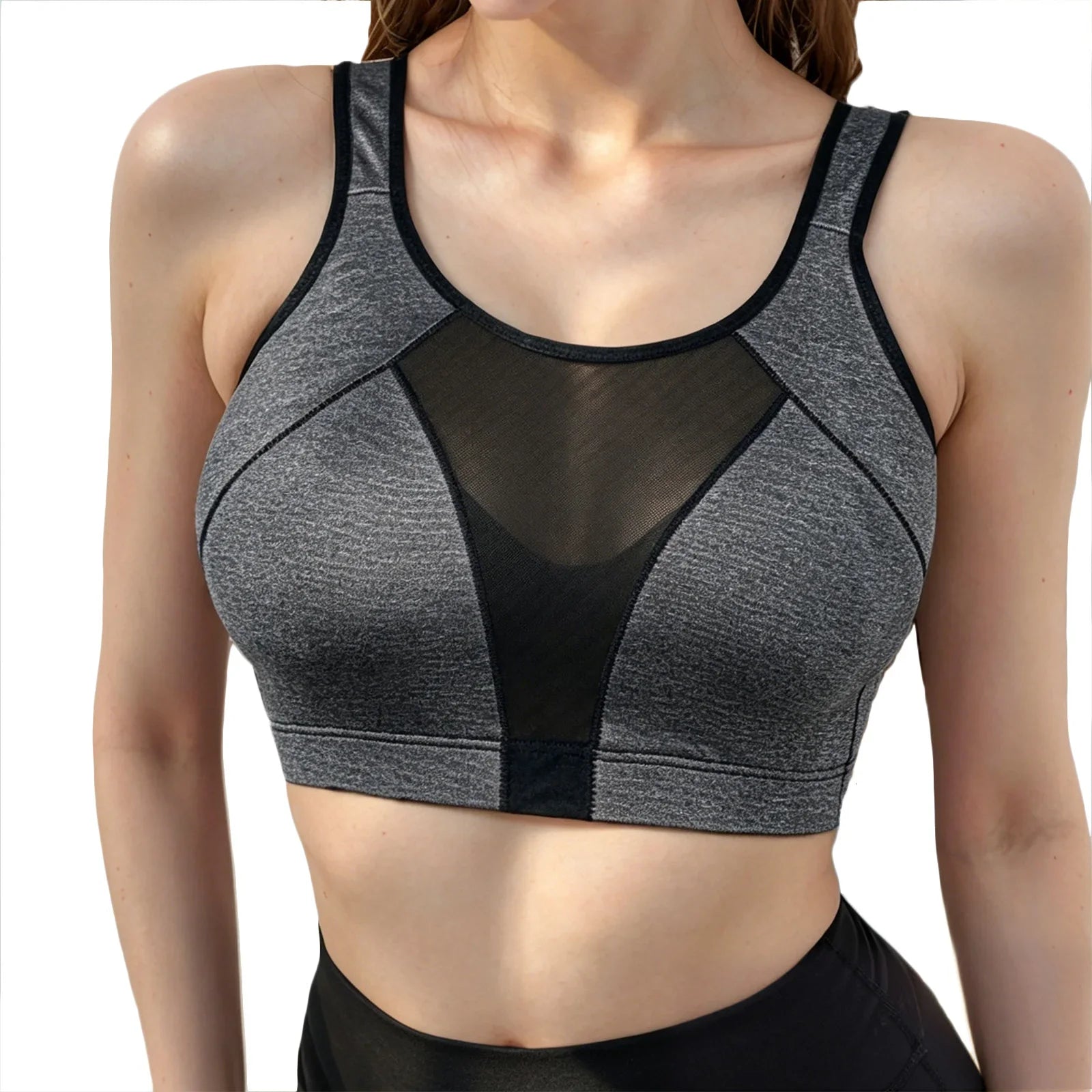 Women Sports Bra Sheer Mesh Patchwork Racerback Yoga Bra Breathable Quick Dry Workout Crop Top Gym Running Fitness Underwear