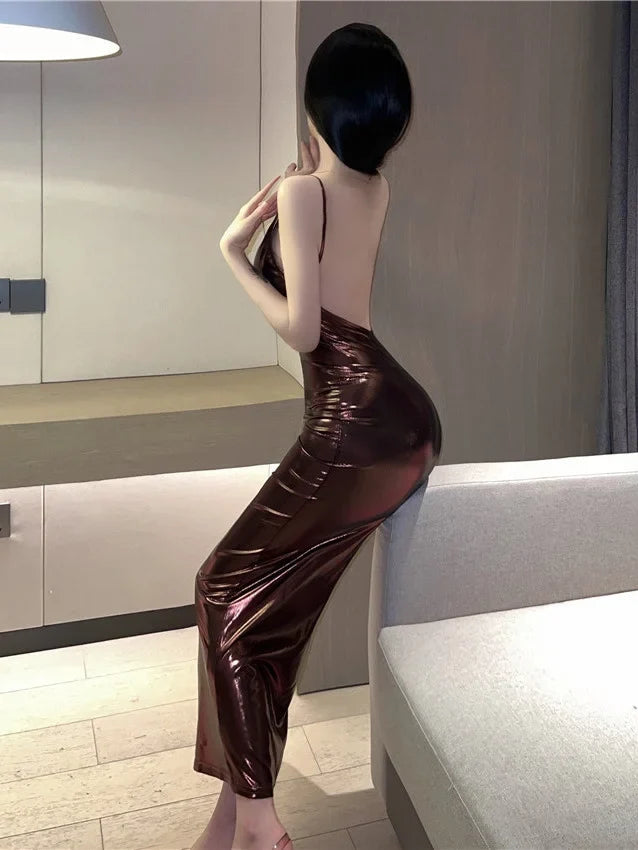 Sexy 2023 Summer Royal Sister Temperament backless Slim Long Lacquer Leather Fashion Solid color Wrap Hip Dress Women's KZCB