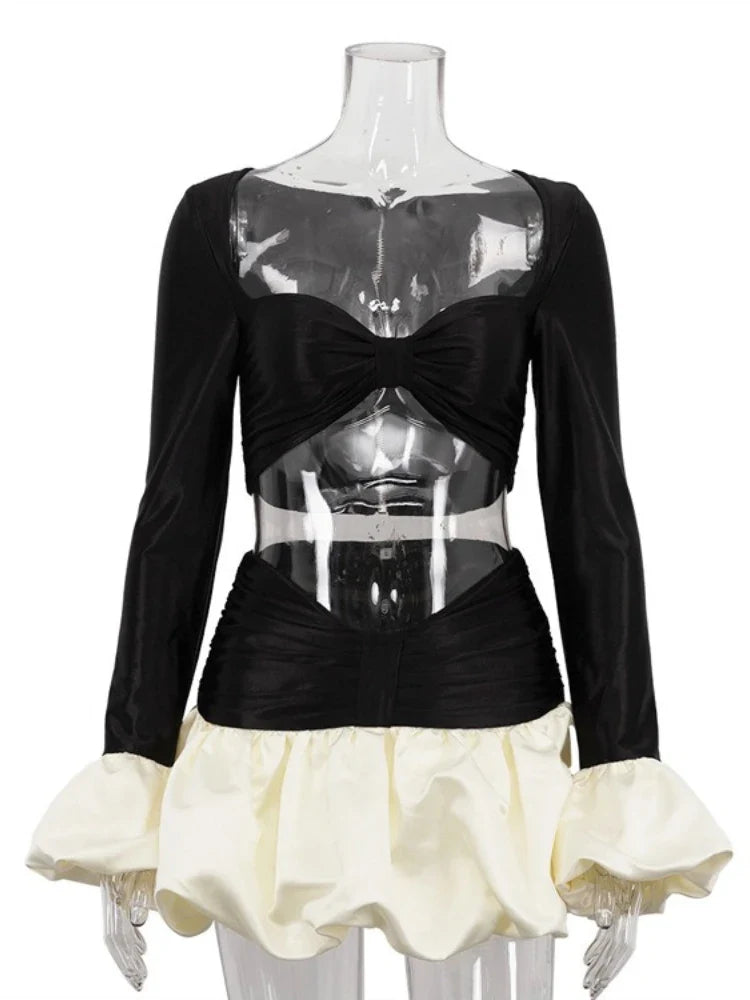 FDYOUI Sexy Flare Sleeve Super-short Zipper Tops+Pleated Skirts 2 Piece Set Women Patchwork Black Ball Gown Evening Party Dress