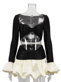FDYOUI Sexy Flare Sleeve Super-short Zipper Tops+Pleated Skirts 2 Piece Set Women Patchwork Black Ball Gown Evening Party Dress