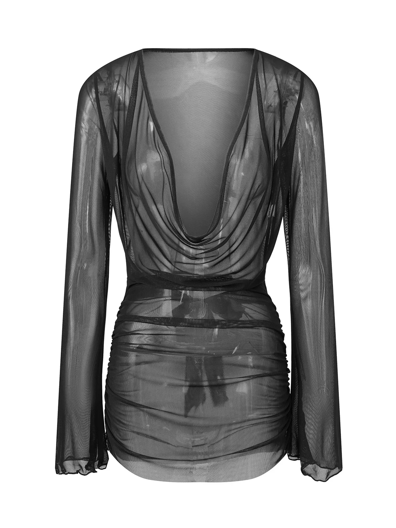 Women's Summer Solid Color Sheer Beach Mini Dress Long Sleeve Deep V Neck Swim Cover Up Swimwear for Pool Vacation