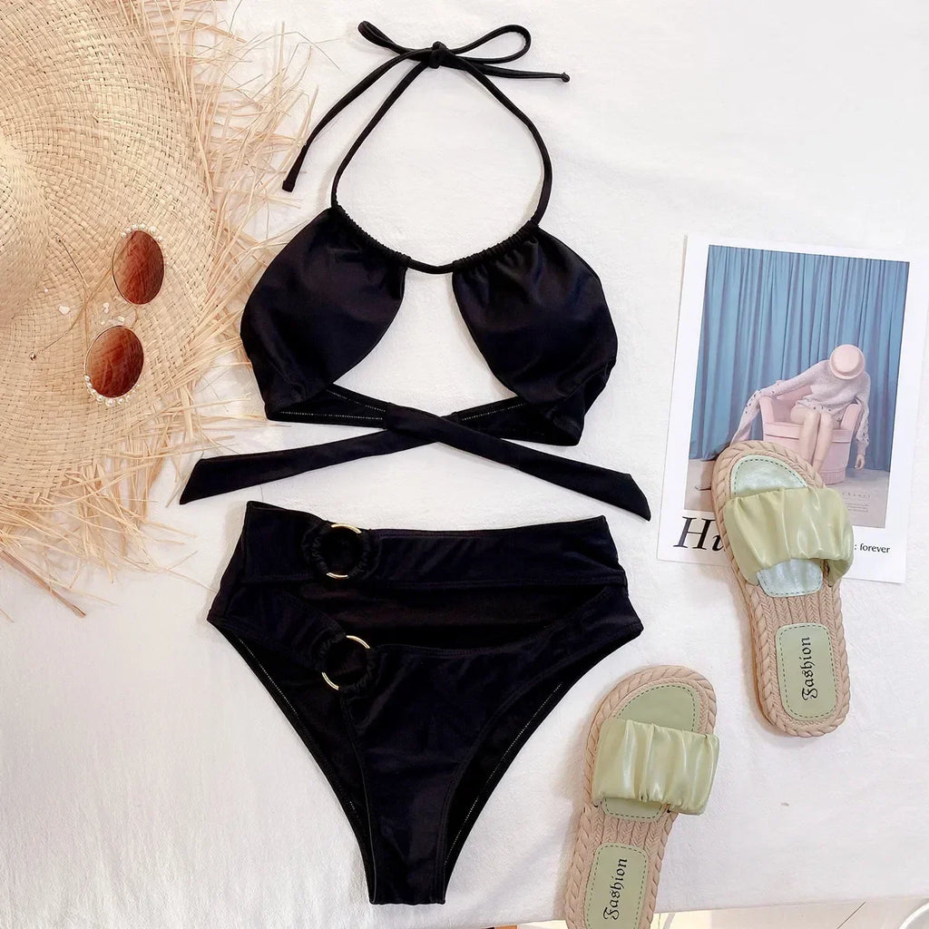 Bikini 2026 Sexy Swimwear Swimsuit Women Black Hollow High Waist Halter Bikinis Set Bathing Suit Beach Bikini Metal Ring Decor
